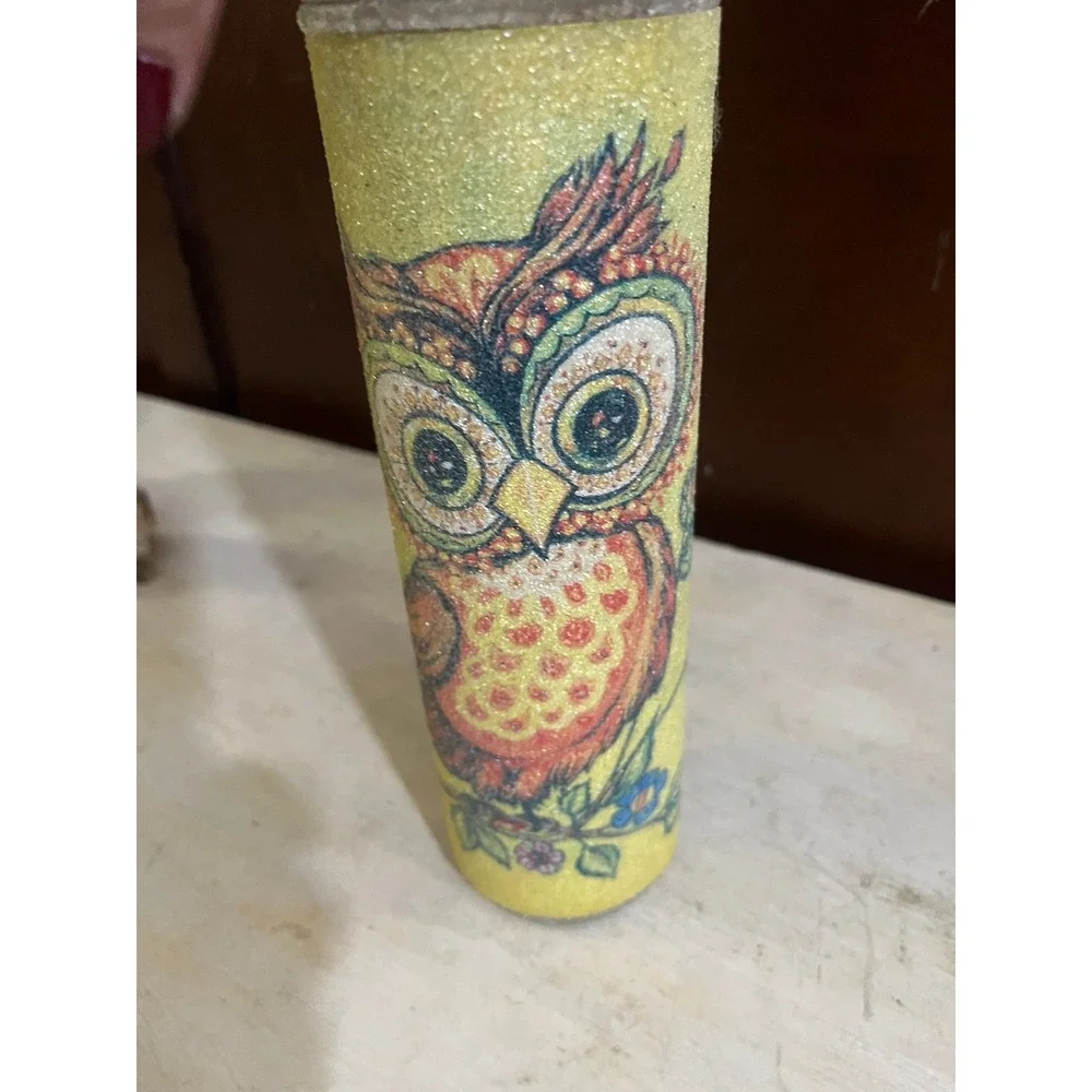 Vintage‎ Glitter Owl Glass Vase Yellow Cylindrical Decorative Floral Accent